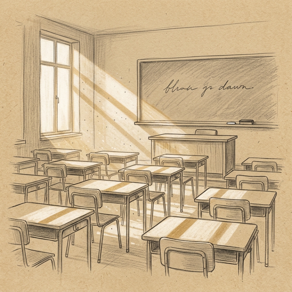 Aula vacía al amanecer con luz dorada entrando por la ventana. Ilustración a lápiz.