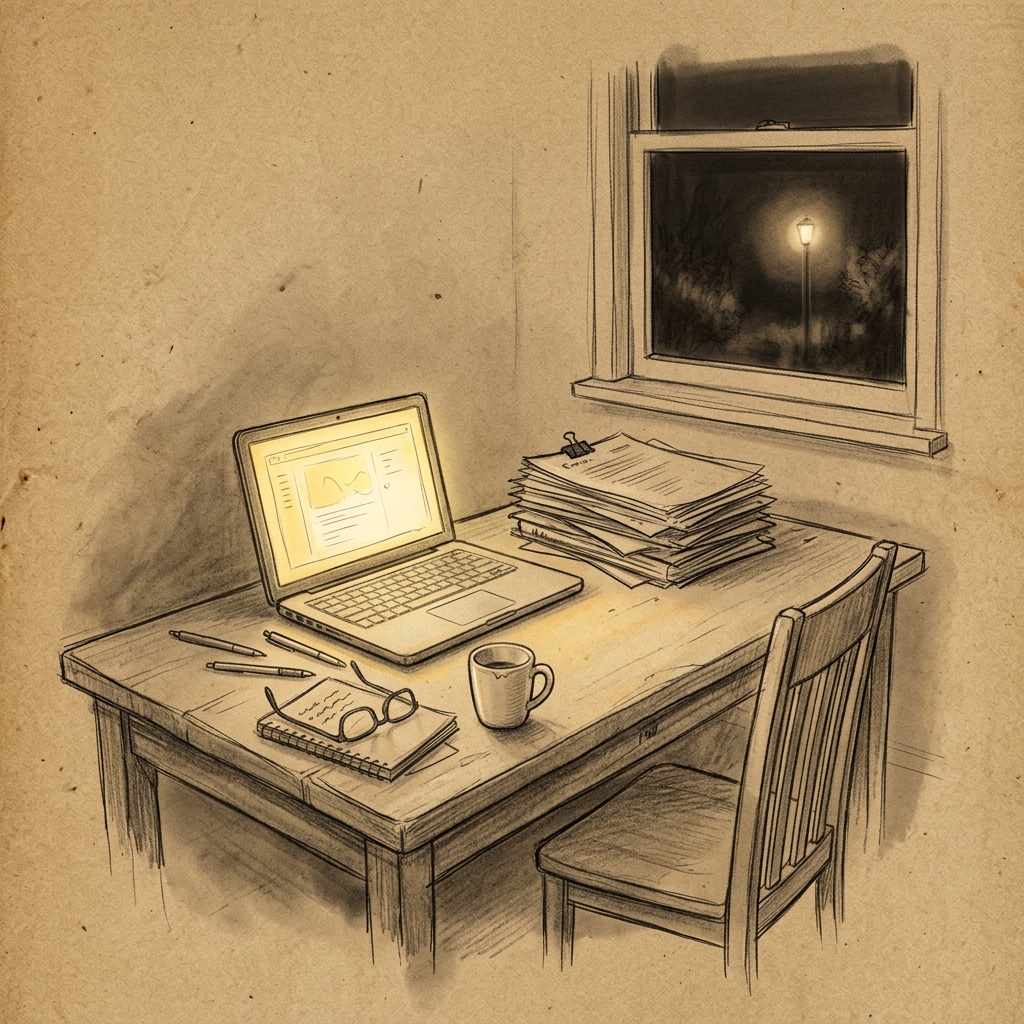 Pupitre vacío de un profesor a las once y media de la noche, con laptop encendido, montón de exámenes y taza de café. Ilustración a lápiz sobre papel kraft.