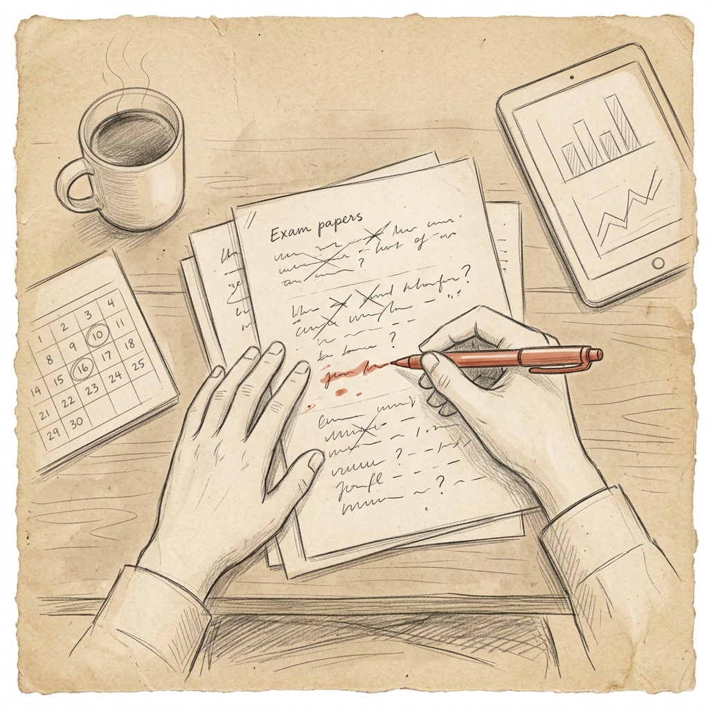 Manos corrigiendo exámenes con pluma roja. Tablet, taza y calendario al lado. Ilustración a lápiz.